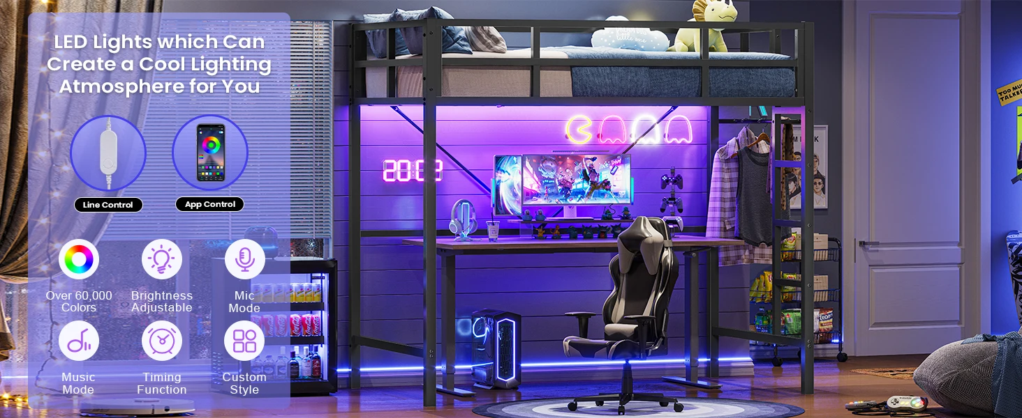 Loft Bed with RGB LED Lights