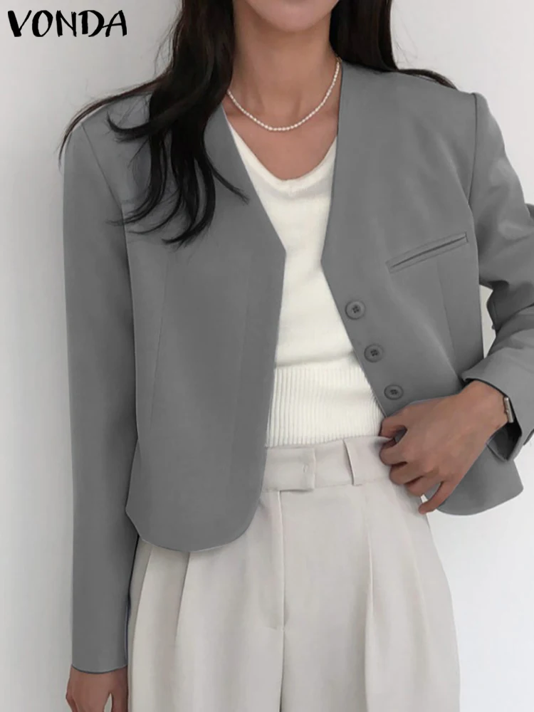 

Elegant Coats VONDA Women Blazer 2023 Female Casual V-neck Long Sleeve Solid Coats Femininas Sexy Outwears Fashion Blazer Baggy