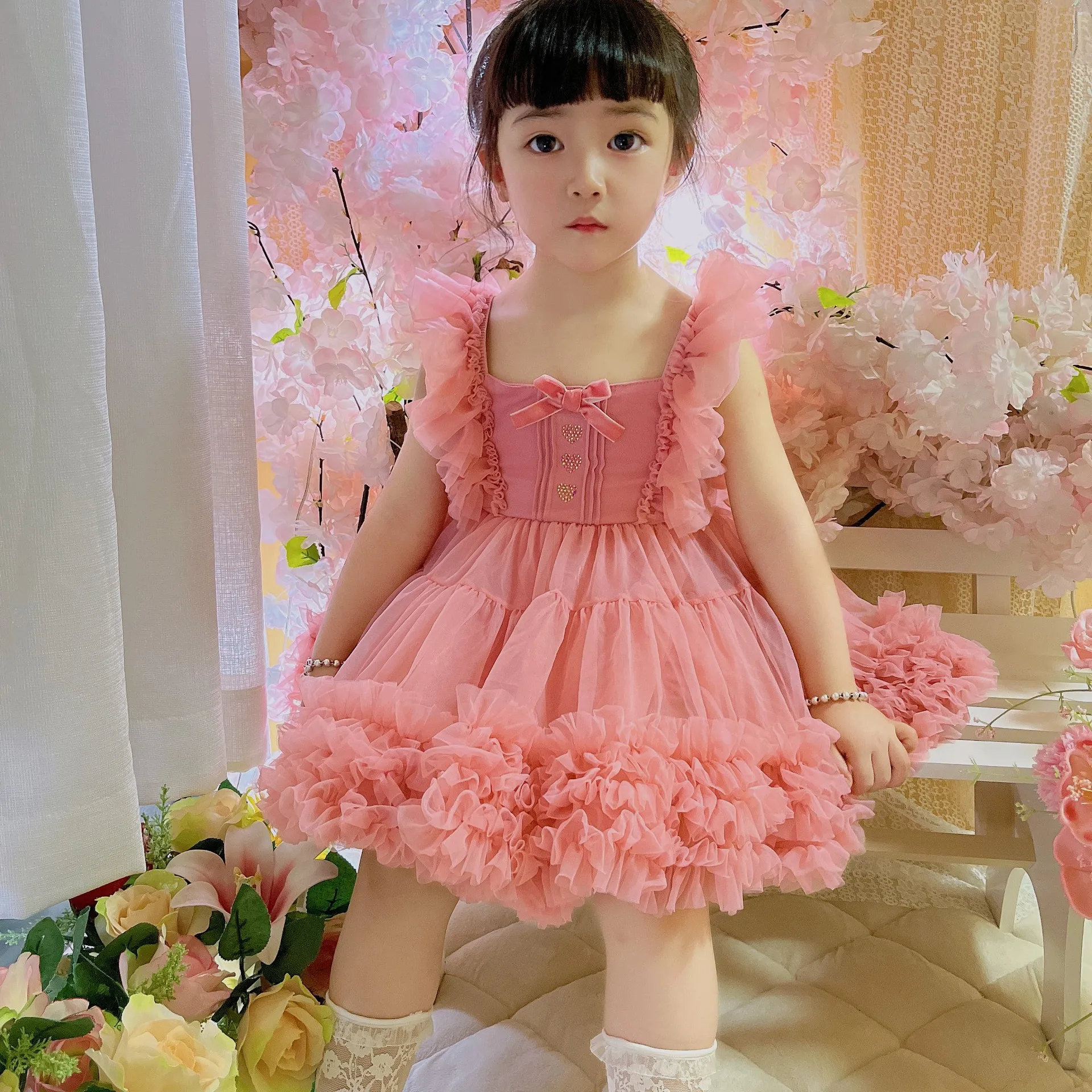 여아 공주 나비 투투 드레스, 퍼프 슬리브, 어린이 얇은 명주 그물, 미인 대회, 생일 파티, 패션