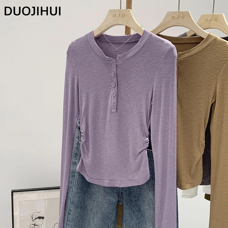 

DUOJIHUI Korean Purple Basic O-neck Chic Button Female T-shirts New Simple Casual Fashion Solid Color Autumn Slim Women T-shirts