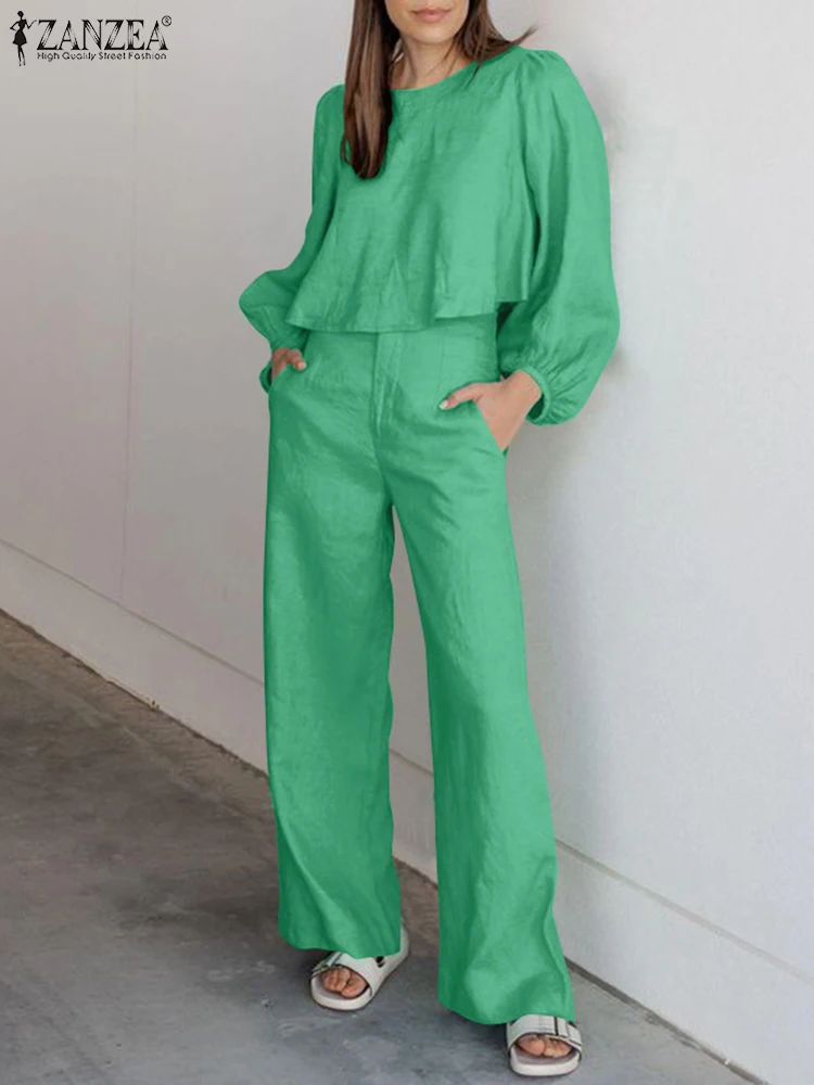 

Женские осенние комплекты ZANZEA, модная однотонная блузка, широкие брюки, повседневный свободный брючный костюм, женский костюм для работы, спортивные костюмы
