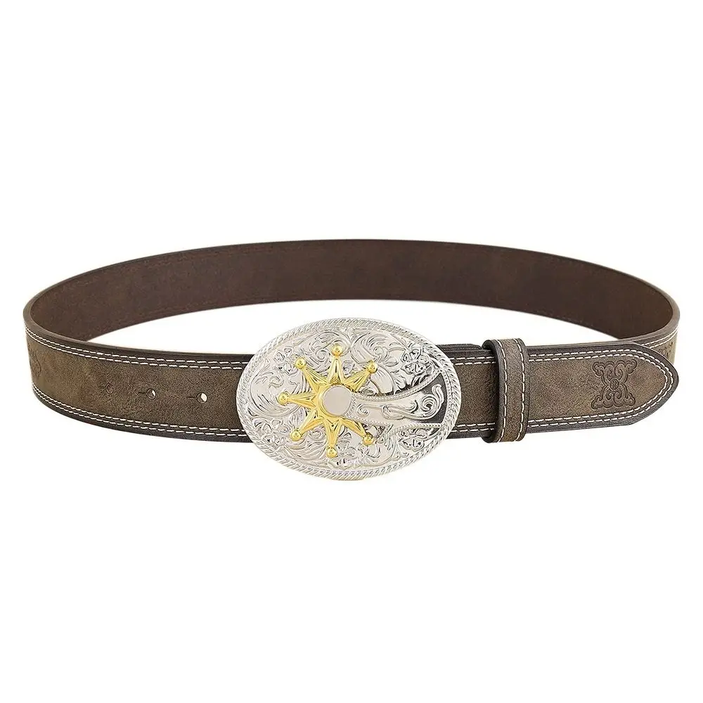 

Bull Decoration Men's Belt Fashion Brownish Western Cowboy Waist Strap Floral Engraved Adjustable Belt Jeans 33" To 40" Waist