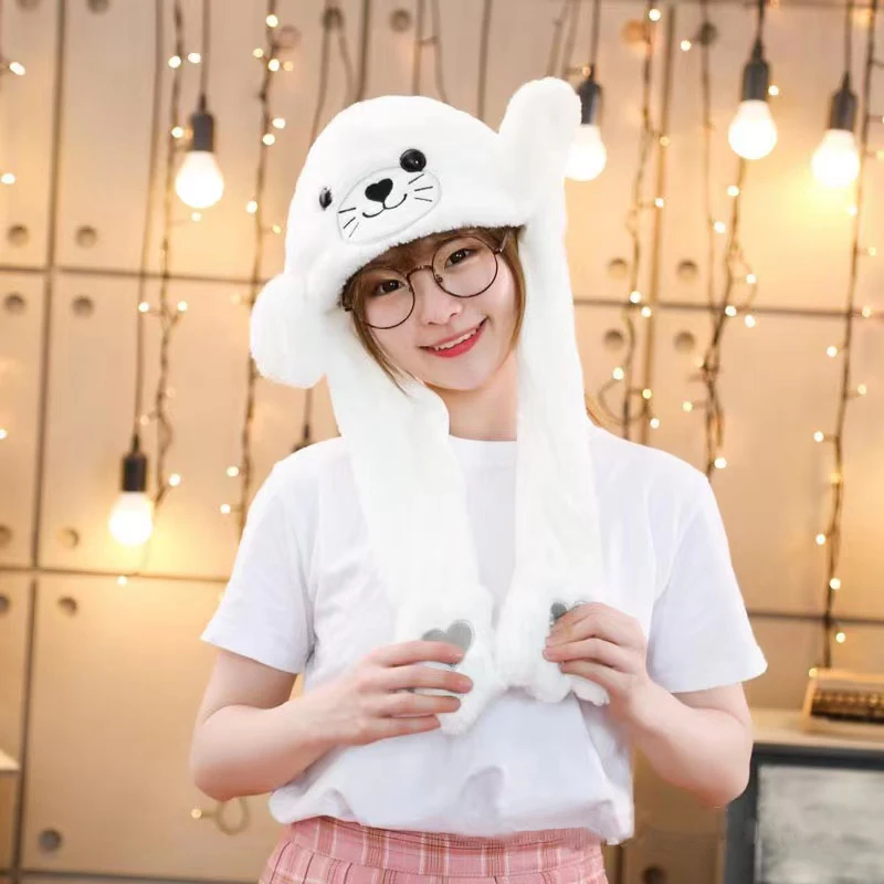 Seal Animal Ear Move Hat White Plush Bunny Ears Moving Jumping Up Toys Dress Up Funny Cosplay Party For Kids Christmas Gift party supplies,plush toys,plush hat toys