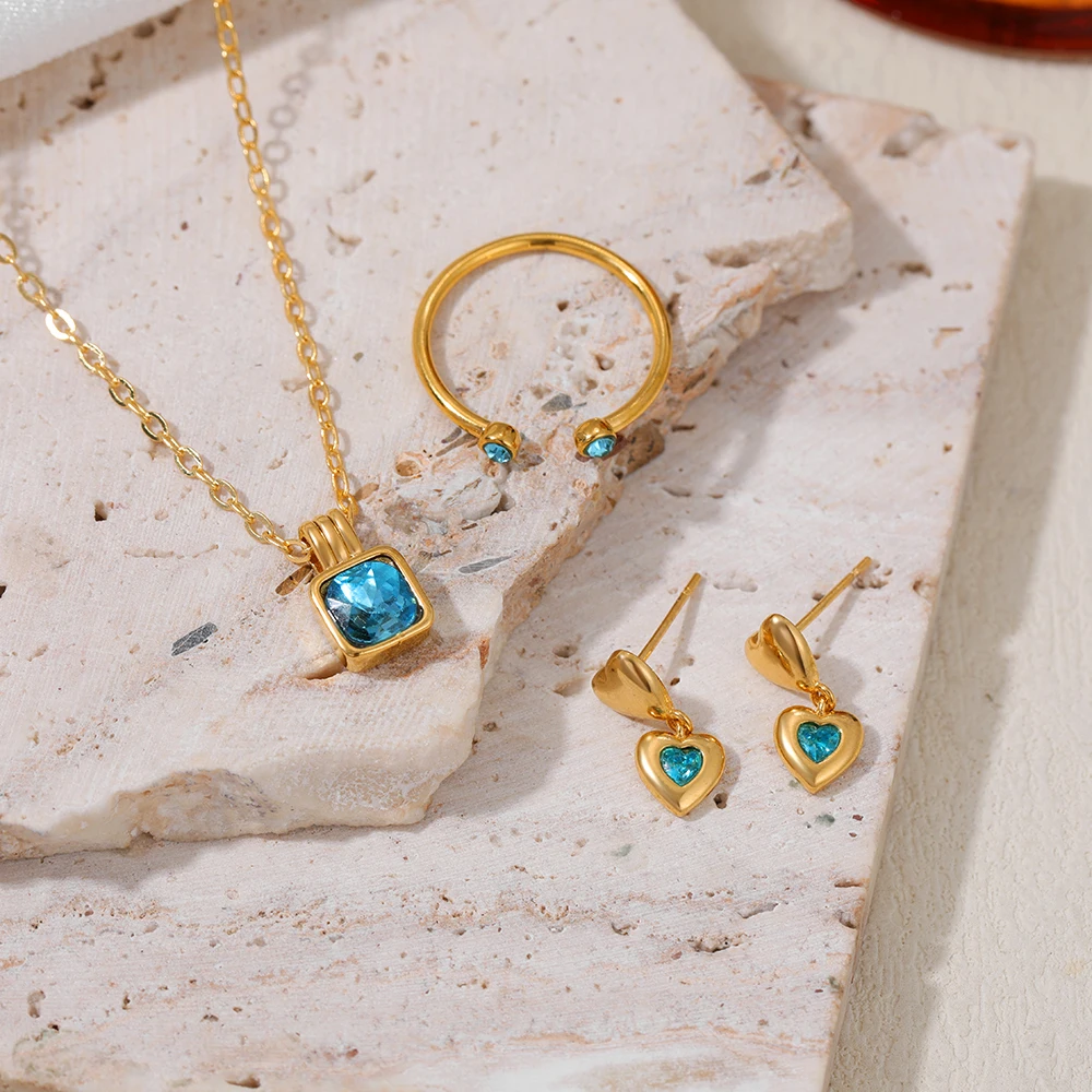 Delicate Blue Crystal Jewelry Set Double Love Heart Stud Earrings Square Zircon Necklace Gold Color Wedding Rings Jewellery Gift