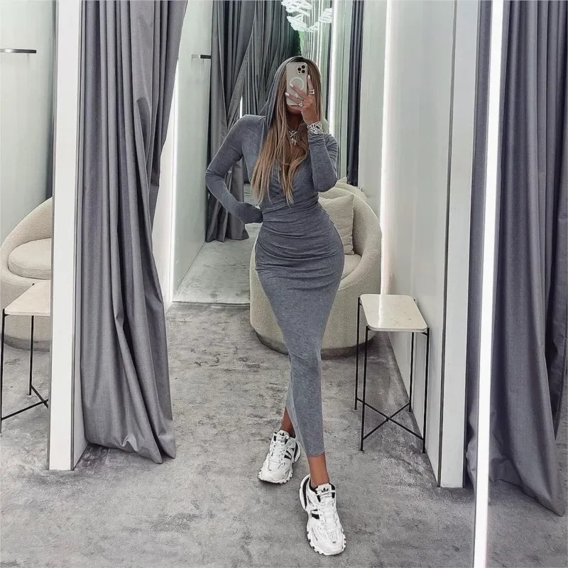 Summer Women Beach Outings 2023 Pareo for Cover Up Ins Dress New Sexy Neck Slim Fit Long Sleeve Hooded Solid Spandex Tunic