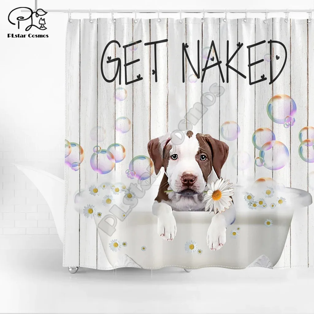 

Pit Bull Get Naked Daisy Shower Curtain Cartoon Animal 3D Printed Bathroom Curtains with Hooks
