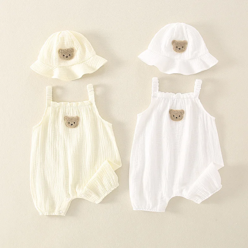 

Infant Girl Boy Jumpsuit Outfit Summer Baby Clothes Set With Cap Toddler One Piece Cute Bear Sling Romper Fisherman Hat