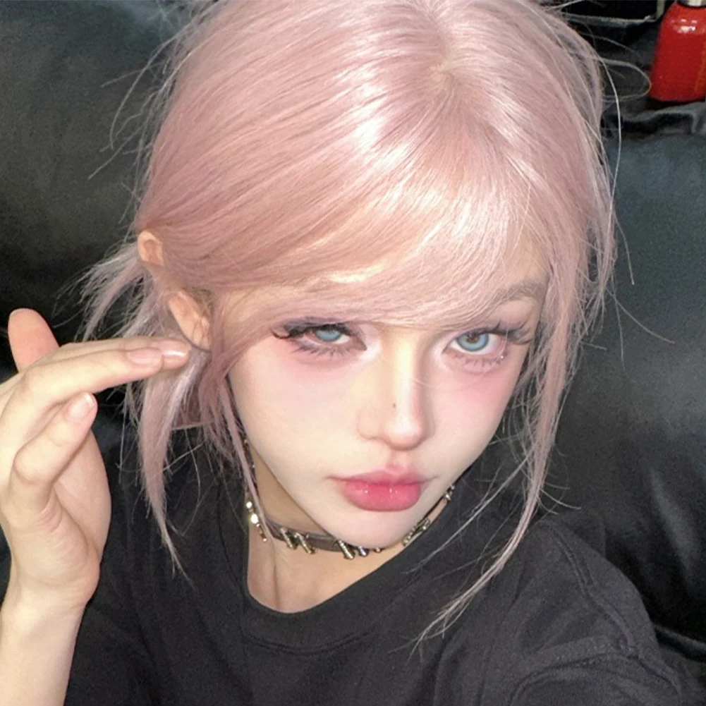 1Pc Pink Synthetic Medium Curly Hair Wig Female Long Hair Full Head Set Cos Simulation Long Straight Daily High Temperature