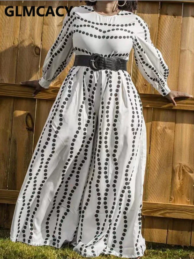 

Women Long Sleeve O Neck Polka Dot Printed Loose Jumpsuit Wide Leg Pants Overalls