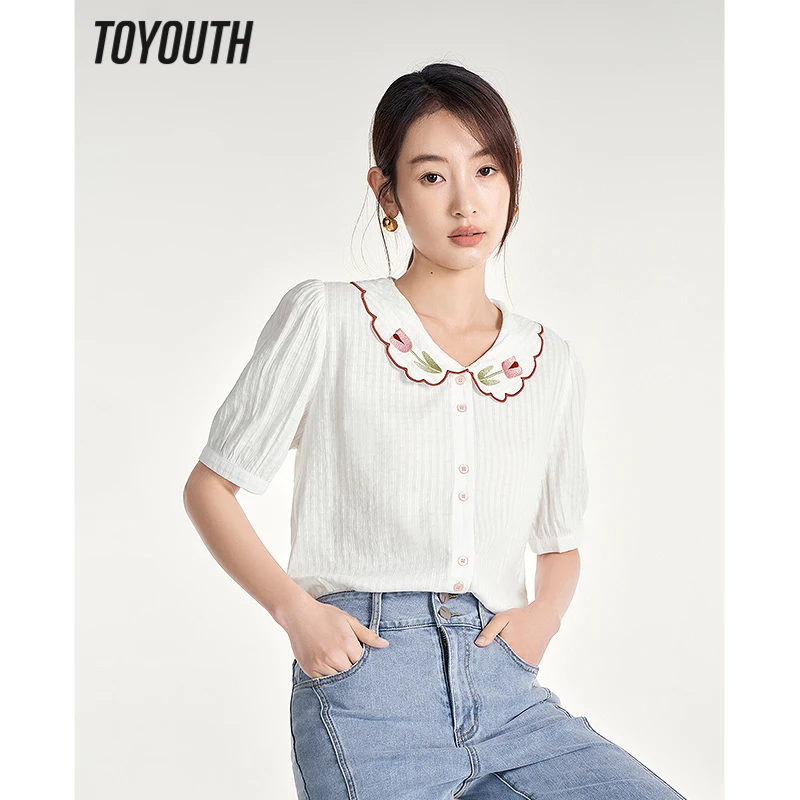 

Toyouth Women Blouse 2023 Summer Short Sleeve Contrast Lace Embroidered Doll Collar Loose Shirts Jacquard Elegant Cute Tops