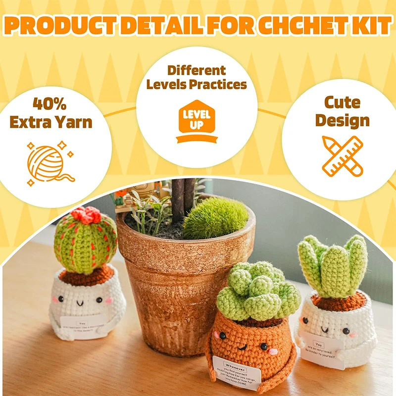 4Pcs Crochet Beginner Kit Cute Cactus Knitting Positive Energy Doll Cactus Potted Plant Knitted Crochet Material Desktop Decor