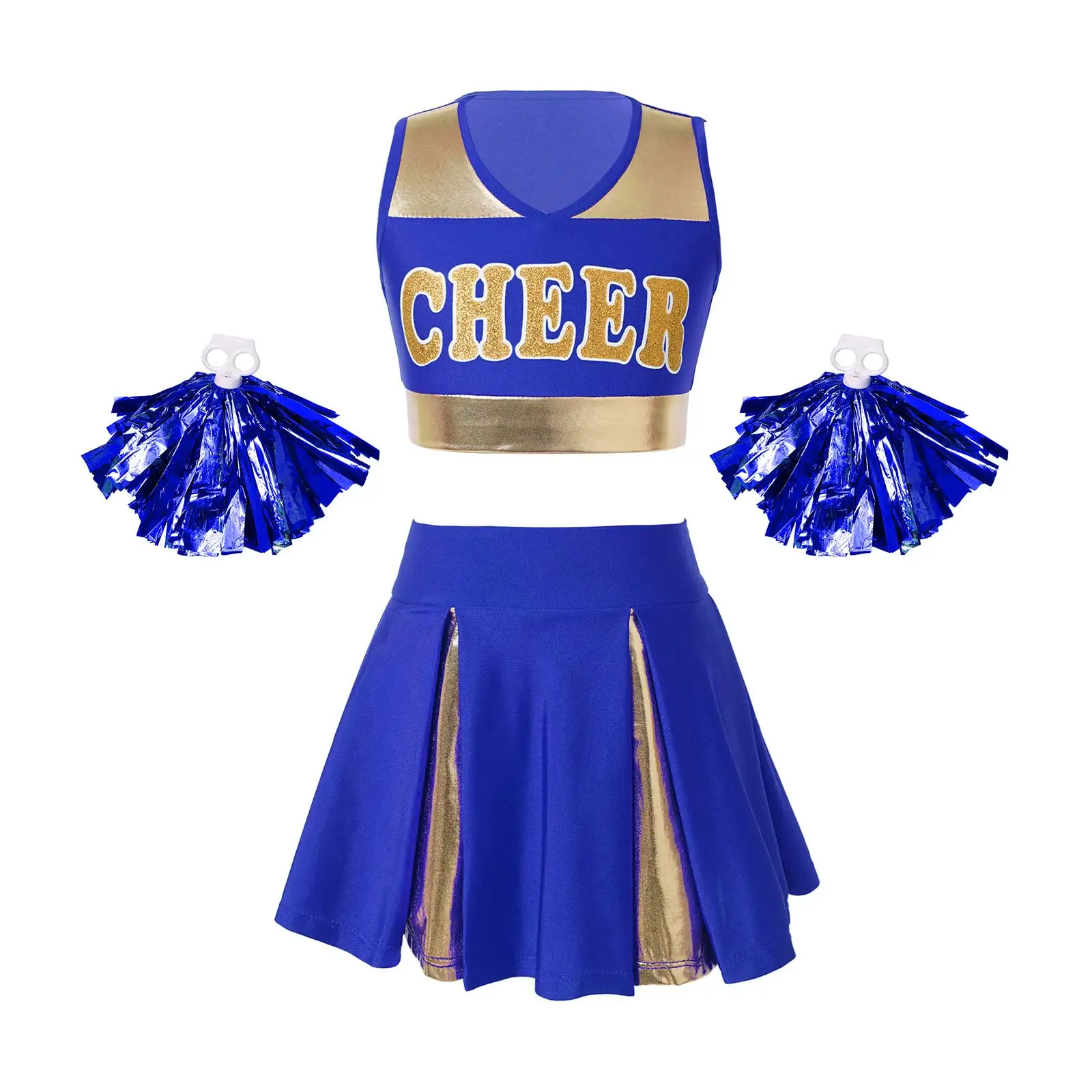 thumbnail image 1 of Conjunto de baile de animadoras para niñas, uniforme escolar de animadoras, disfraz de cosplay, atuendo completo con bolas de flores, 1 of 5