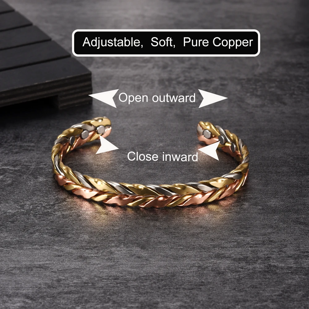 Vinterly Pure Copper Bracelets Magnetic Therapy Arthritis Braided Adjustable High Magnet Open Cuff 9mm Bangles Resizable Jewelry 2