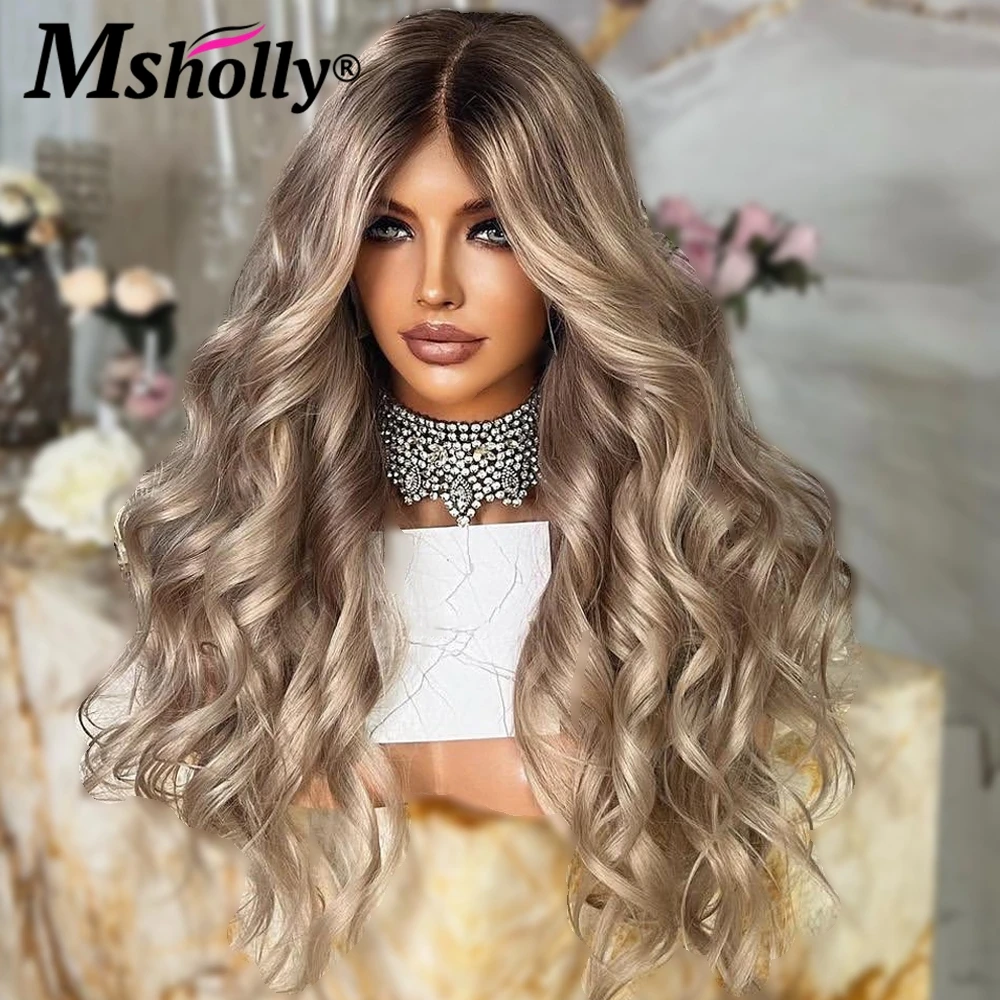 13X4 Lace Frontal HD Transparent Wig Ash Blonde Body Wave Lace Front Wig Ombre Remy Human Hair Wigs Dark Roots Wig For Women