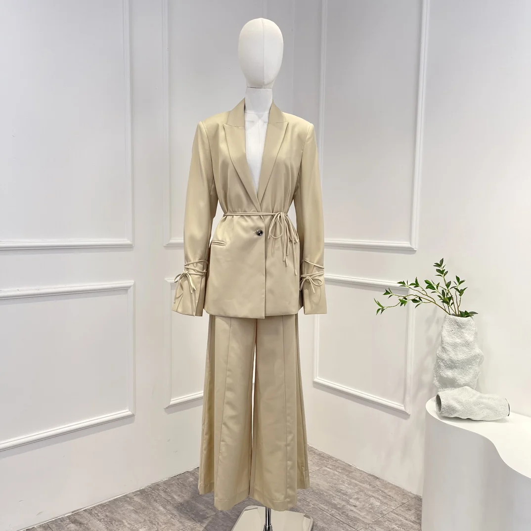 2023 Autumn Winter New Light Khaki Color High Quality Long Sleeve Lace-up Blazer and Wide Leg Pants Woman Suit