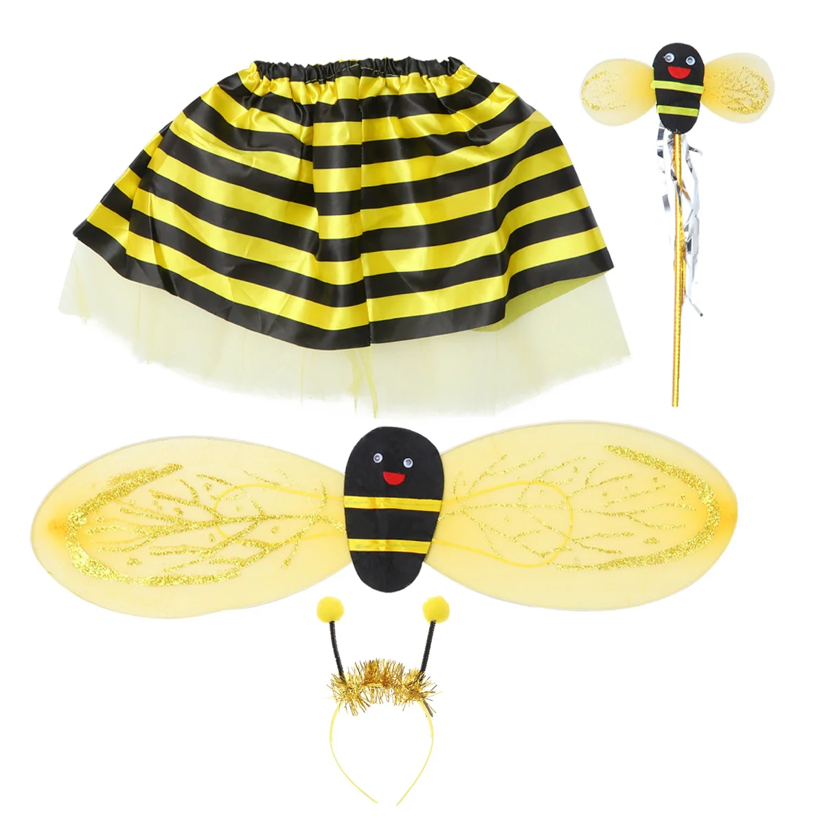 4pcs Performance Costume Set Bee Wings Hair Tutu Skirt Fairy Wand Kit Stage Cosplay Props for Kid Child Random Color Wand 4pcs fairy princess costume sets kids girls colorful stage wear butterfly wings wand headband tutu skirt