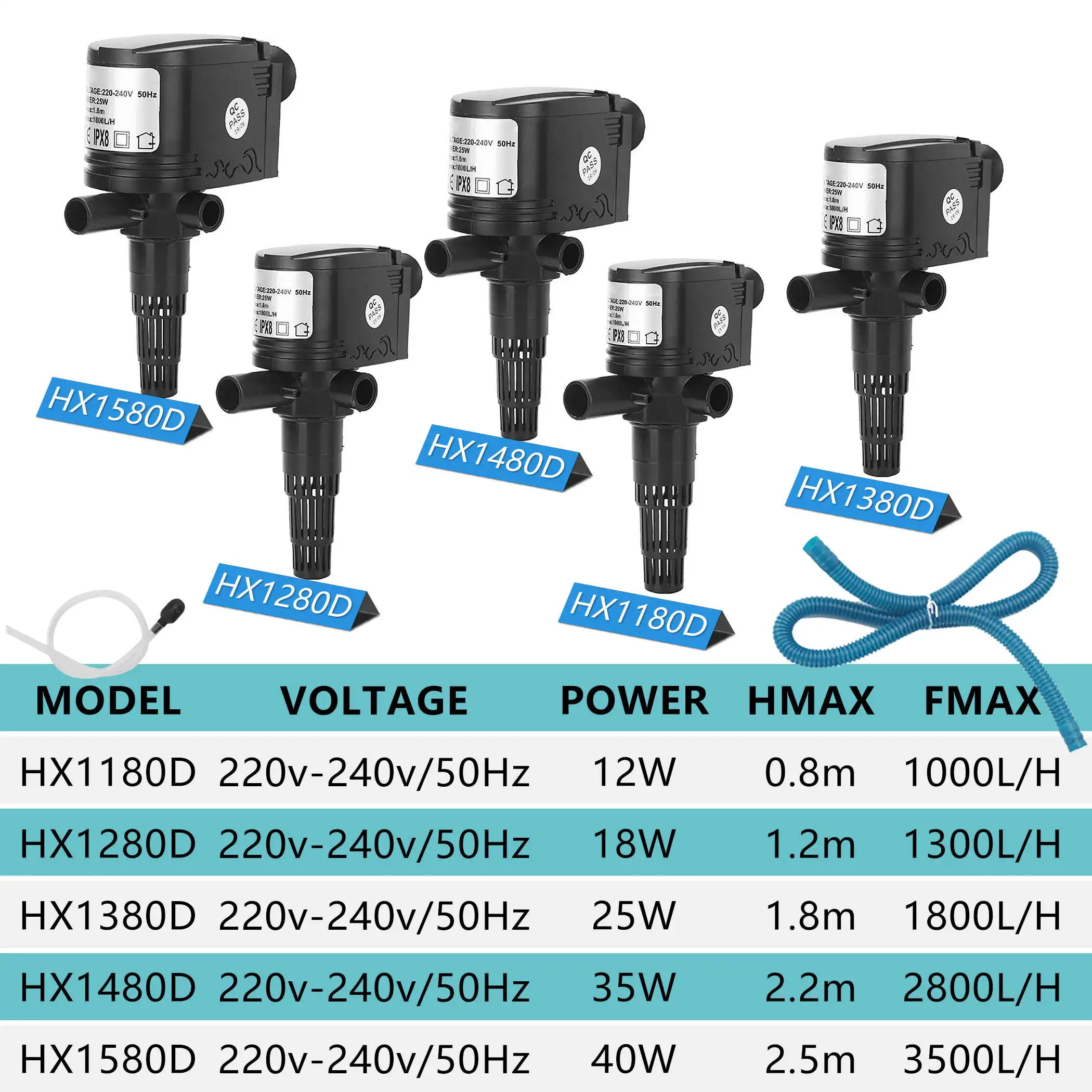 

220V Submersible Fish Tank Water Pump with Oxygen Hose, Water Tubing and Suction Cup for Aquarium, Pond and Hydroponics