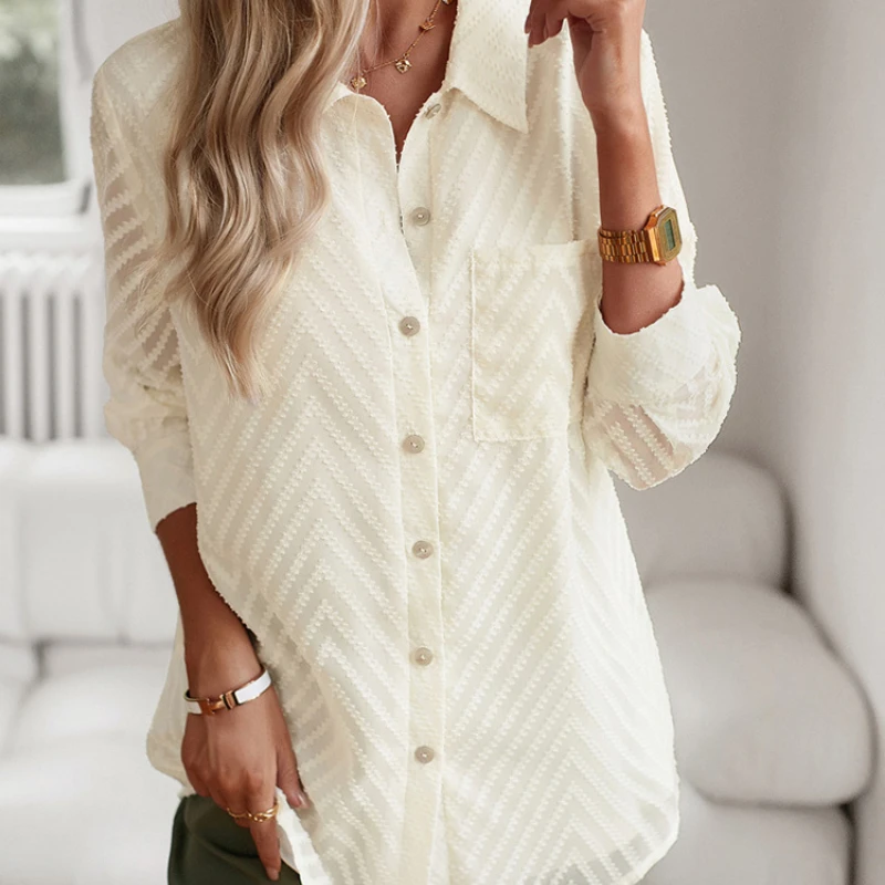 

Elegant Women's Shirt Autumn Fashion Jacquard Long Sleeve Top Youth Chic Pink Button Shirts & Blouses New Collection 2023