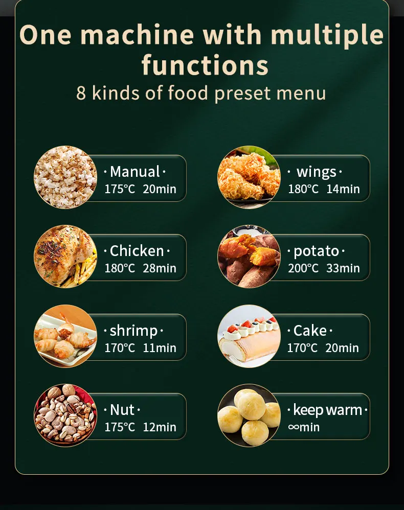 360 ° Electric Digital Display Touch Screen 1350W 6L Air Fryer Oil Free 8 Menus Air Oven Frier Home French Fries Fried Chicken 6
