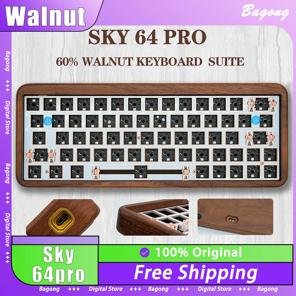 

Sky 64pro Walnut Mechanical Keyboard Three Mode Hot Swap RGB Gaming Keyboard Gasket Custom Pc Gamer Accessories Office Mac Win