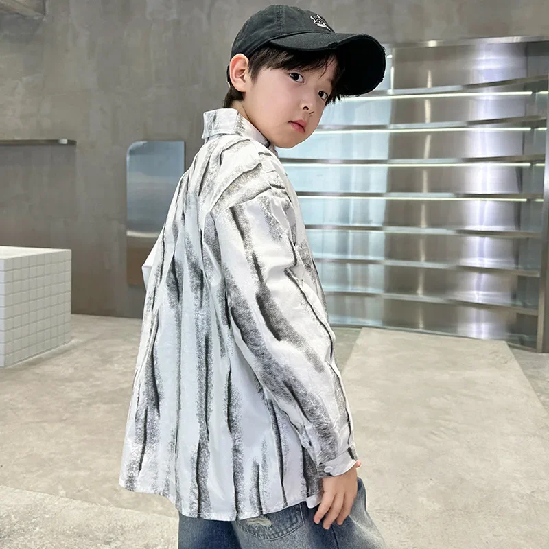 Spring Autumn Stripe Boys Shirt Long Sleeve Thin Outerwear for Middle Large Children Boy Top Quality Kids Clothing