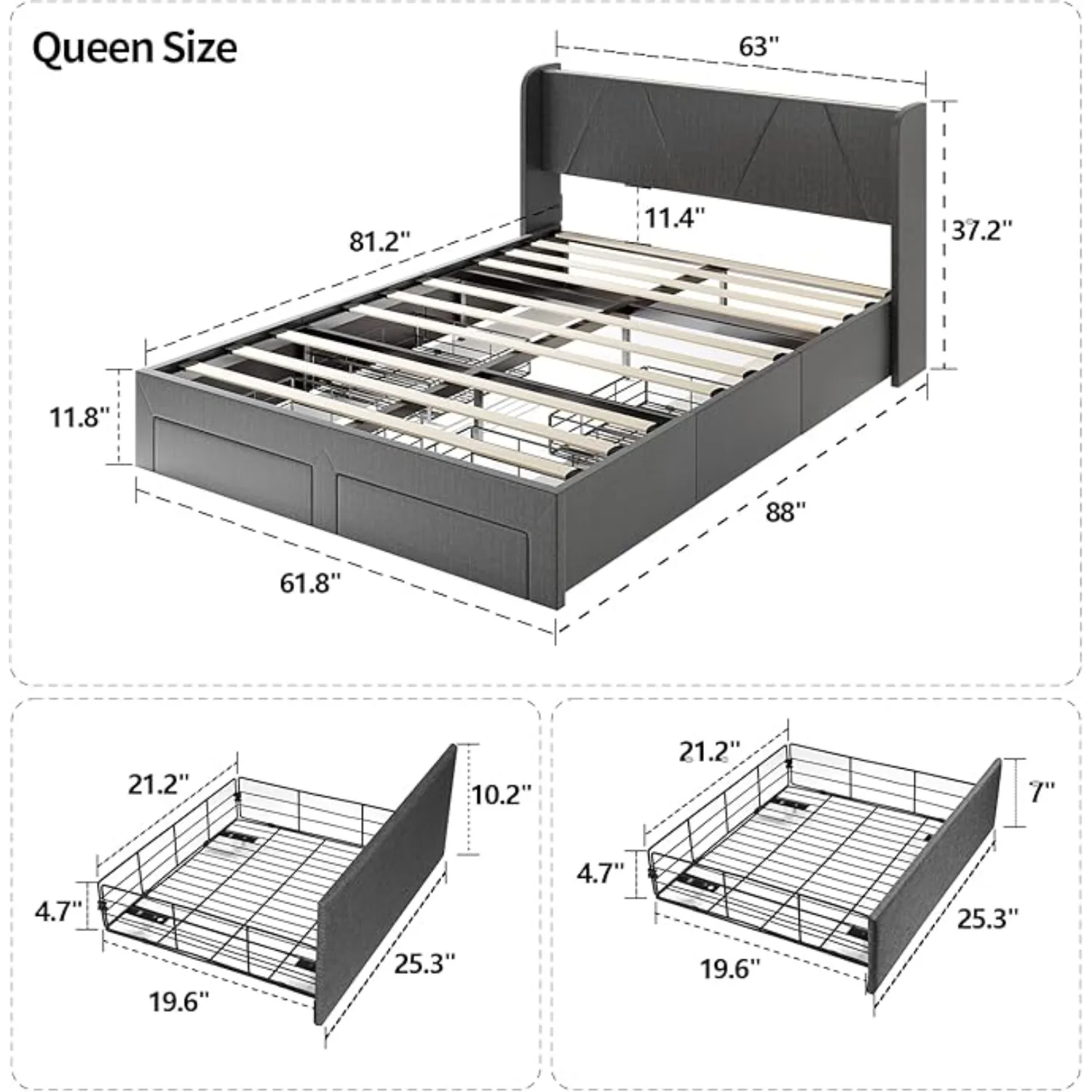 Queen Bed Frame with Storage Headboard & 4 Drawers, Upholstered Bed with LED Lights & Charging Station, Solid Wood Slats Support 2