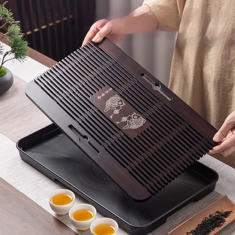 Chinese Natural Bamboo Tea Tray Water Storage Kung Fu Tea Set Rectangular Board Storage Tray Drainage Outlet tea tray,tea set