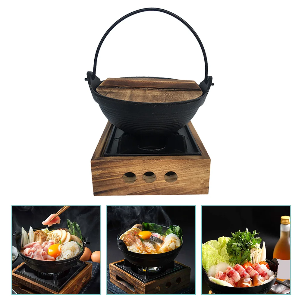 

Japanese Style Cast Iron Serving Pot Old Cooking Shabu Pot with Wooden Stand