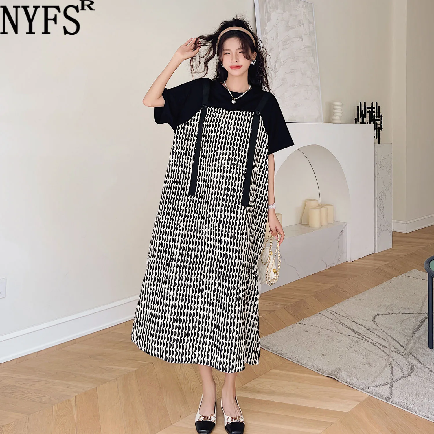 

NYFS 2023 Summer New Korea Woman Dress Vestidos Robe Elbise Loose Plus Size Short Sleeve Cotton Wave Pattern Long Dresses