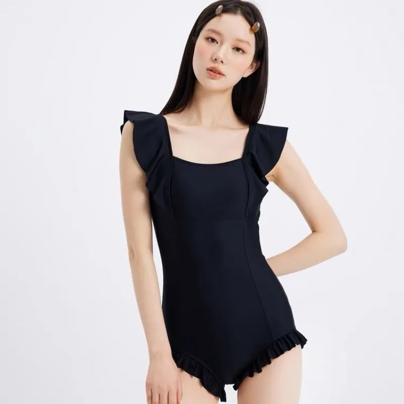 

One-piece swimsuit with ruffle for women, backless beach clothing, black belly cover, INS style, hot spring