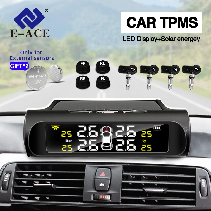 E-ACE Solar Power Smart TPMS Car 4 Sensors Tire Pressure Alarm Monitor System Auto Security Alarm Systems Tyre Pressure Warning