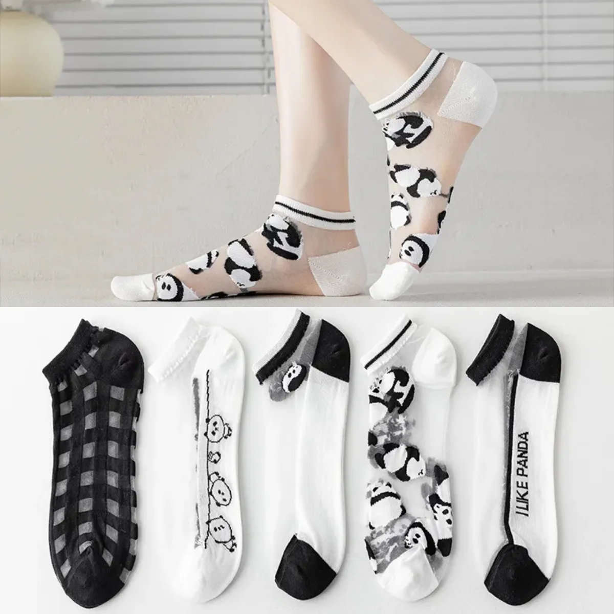 

Black White Short Socks Women Summer Ultra-thin Transparent Crystal Silk Cute Cartoon Panda Mesh Breathable Low Cut Ankle Socks