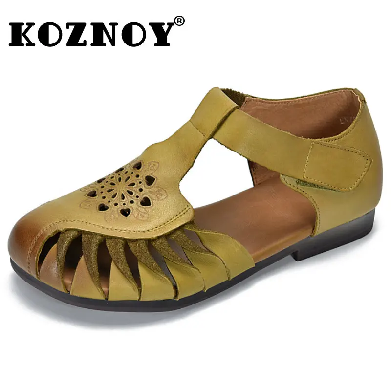 

Koznoy Oxford Female 1.5cm Shallow Genuine Leather Flats Hollow Hook Weave Sandals Soft Soled Summer Comfy Women Ladies Shoes