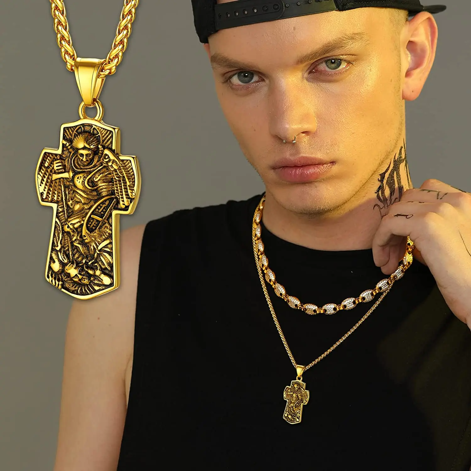 U7 Saint Michael The Archangel Necklace Stainless Steel Gold Color Catholic Amulet Gift St. Michael Cross Pendant for Men Women