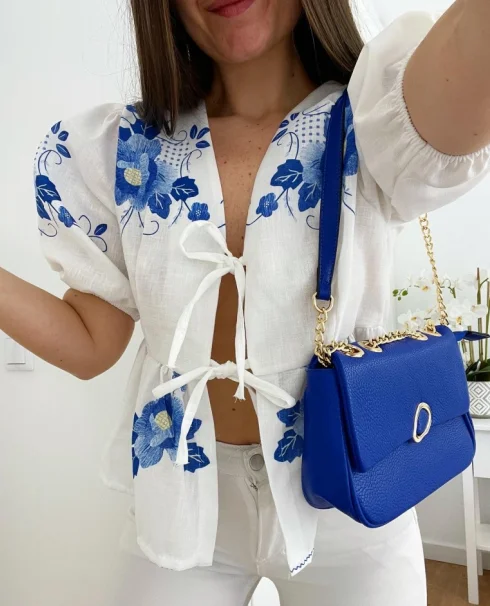 

Блузка женская с цветочным принтом, Элегантная Модная Свободная рубашка с короткими рукавами-фонариками, с V-образным вырезом, на шнуровке, с оборками, уличная одежда, весна-лето