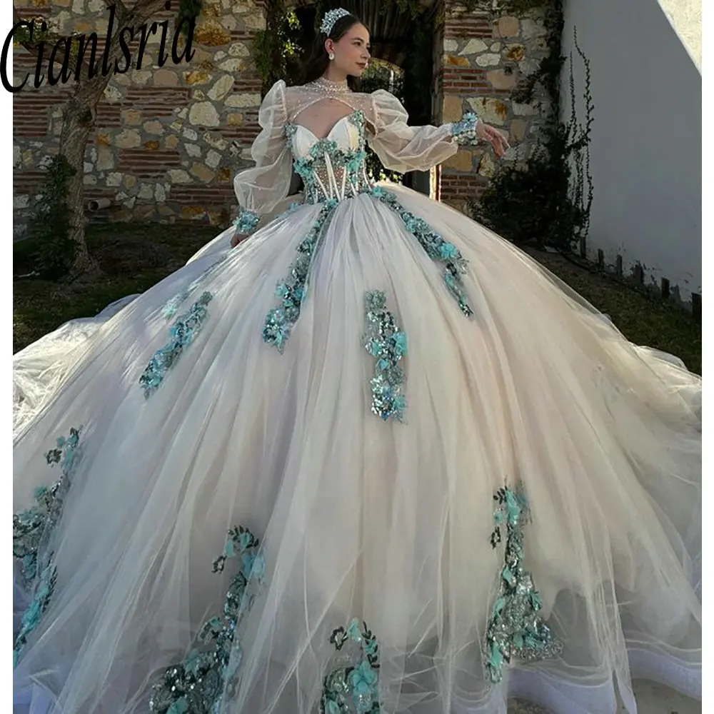 

Princess 3D Flowers Sequined Lace Mexican Quinceanera Dresses With Jacket Ball Gown Beading Crystal Corset Vestidos De XV Anos