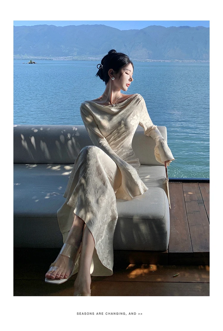 French Vintage Evening Dresses for Women Autumn Bodycon Wedding Prom Robe Flare Sleeve Swinging Collar Midi Vestidos Mujer New