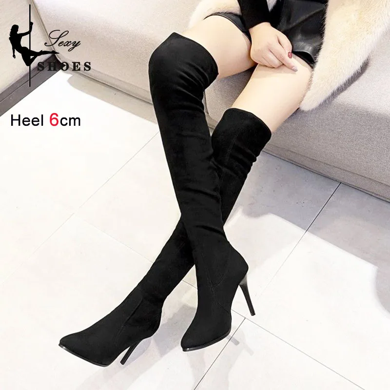 Over-the-knee Long Tube Boots Women's New Winter Plush High Heels 6cm 8cm 10cm Black Suede Pointed Toe Thin Heels Party Shoes