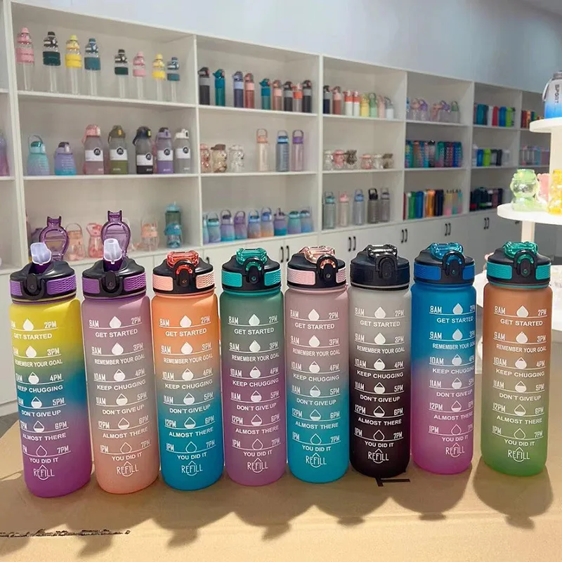 1000ML Sports Water Bottle Gradient Color Plastic Bounce Cap Straw Cup Portable Fitness Bike Cup Gym Camping Tour Water Bottle