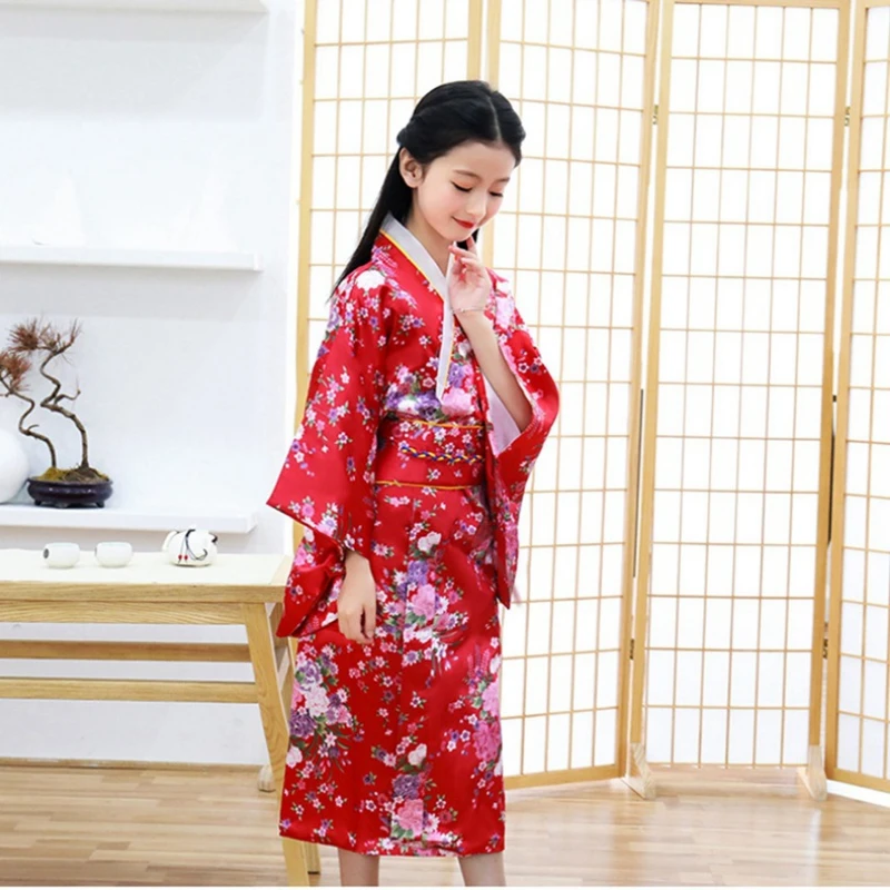 Japanese Kimono Children Kimono Traditional Japanese Style Floral Yukata Dress Kids Obi Vintage Samurai Halloween Cosply Costume Haori Outfit