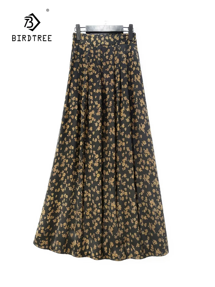 

Birdtree, 25MM Watered Gauze Silk Skirts, Women High Waist Flower, Loose Casual Retro A-Line Pleated Skirt, 2024 Summer B46206QC