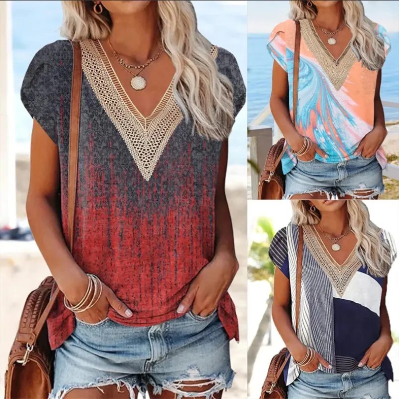 

Summer New Pullover Women's Clothing Short Sleeve Lace Edge V-Neck Tee T-shirt Fashion Printing Versatile Casual Vintage Tops