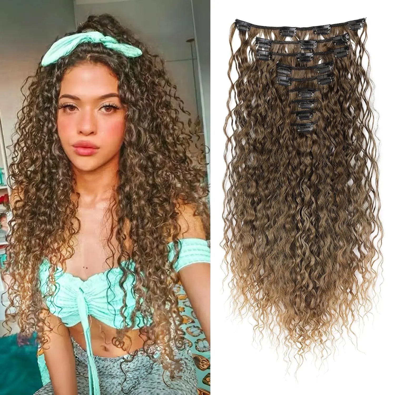 9PCS Clip in Hair Extensions 22 Inch Curly Hair Extension Long Soft Synthetic Hairpieces Women synthetic hair extensions