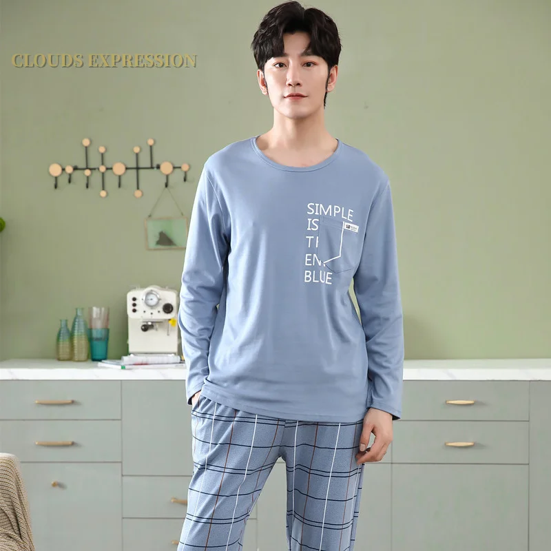 Man Pajamas Set Autumn Cotton Letter Striped Cartoon Casual Lounge Plus Size 3XL
