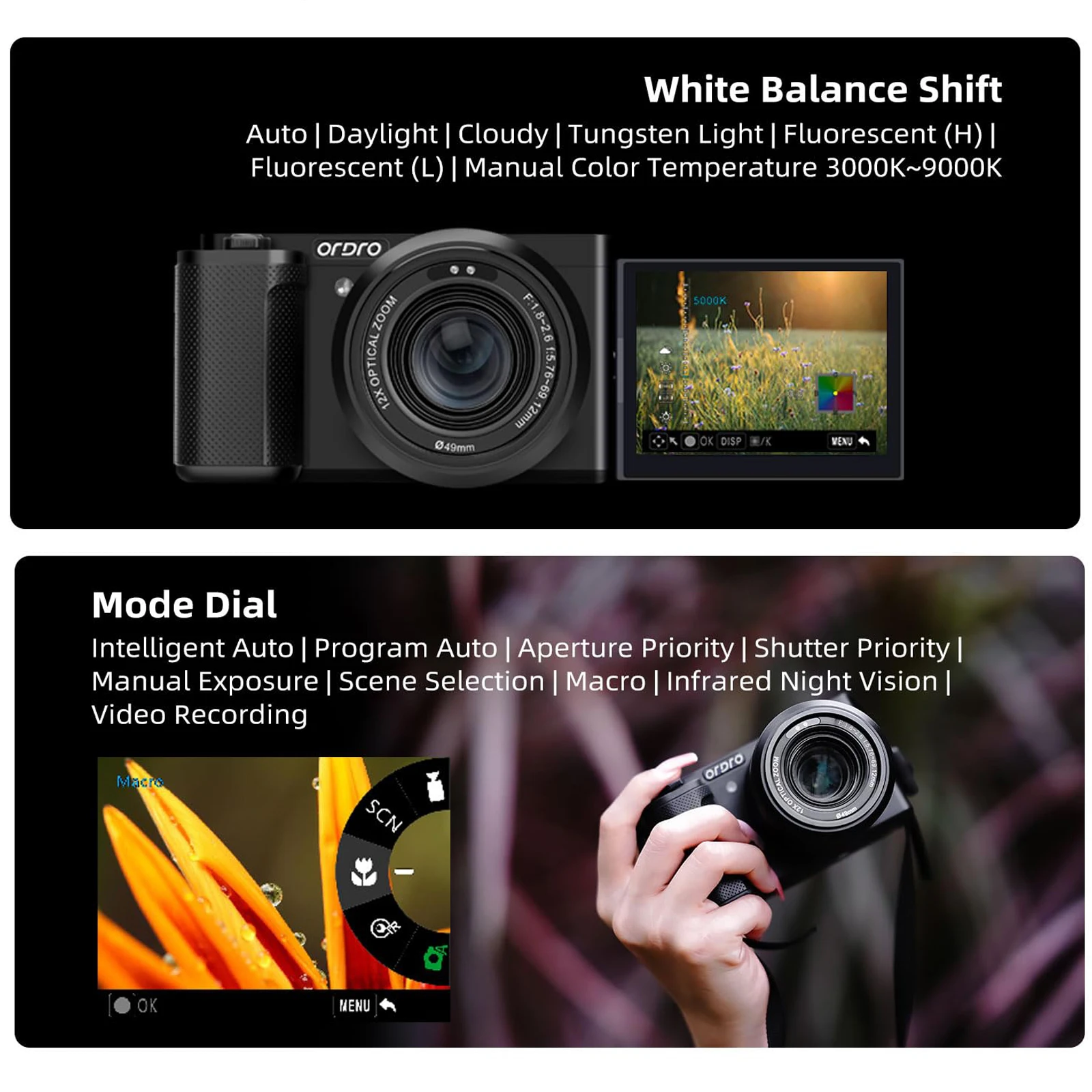 ORDRO G730 Digital Camera Compact 4K Vlog Camcorder 12X Optical