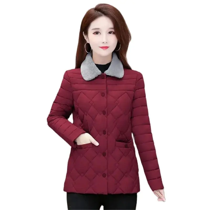 

Winter Down Cotton Jacket Women New Loose Furry Lapel Coat Pure Colour Covered Button Outerwear Fashion Parka Overcoat Female