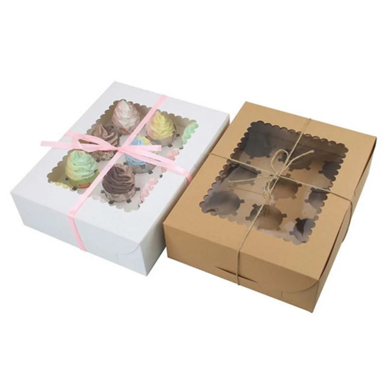 

12 отверстий, коробки из крафт-бумаги для кексов с прозрачным ПВХ окном, коробка для маффинов, печенье, конфеты, инструменты для упаковки тортов, шоколада, выпечки