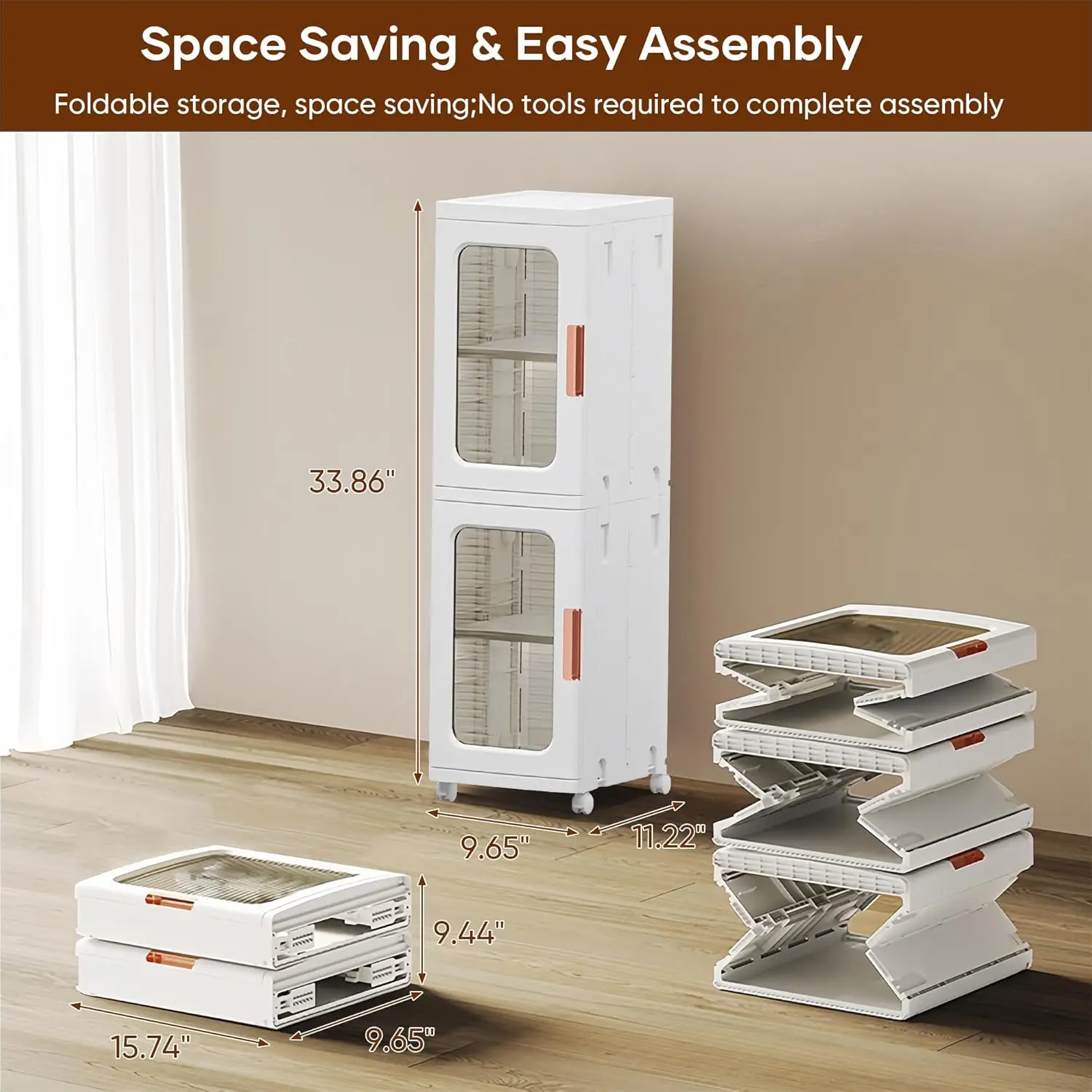 Slim Bathroom Cabinet, 2-Tier Plastic Organizer. Narrow, Stackable with Doors. For Home, Living Room