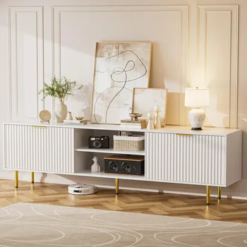 70" Recessed Mid‑Century Modern TV Stand with Sliding Doors & Adjustable Shelves 3