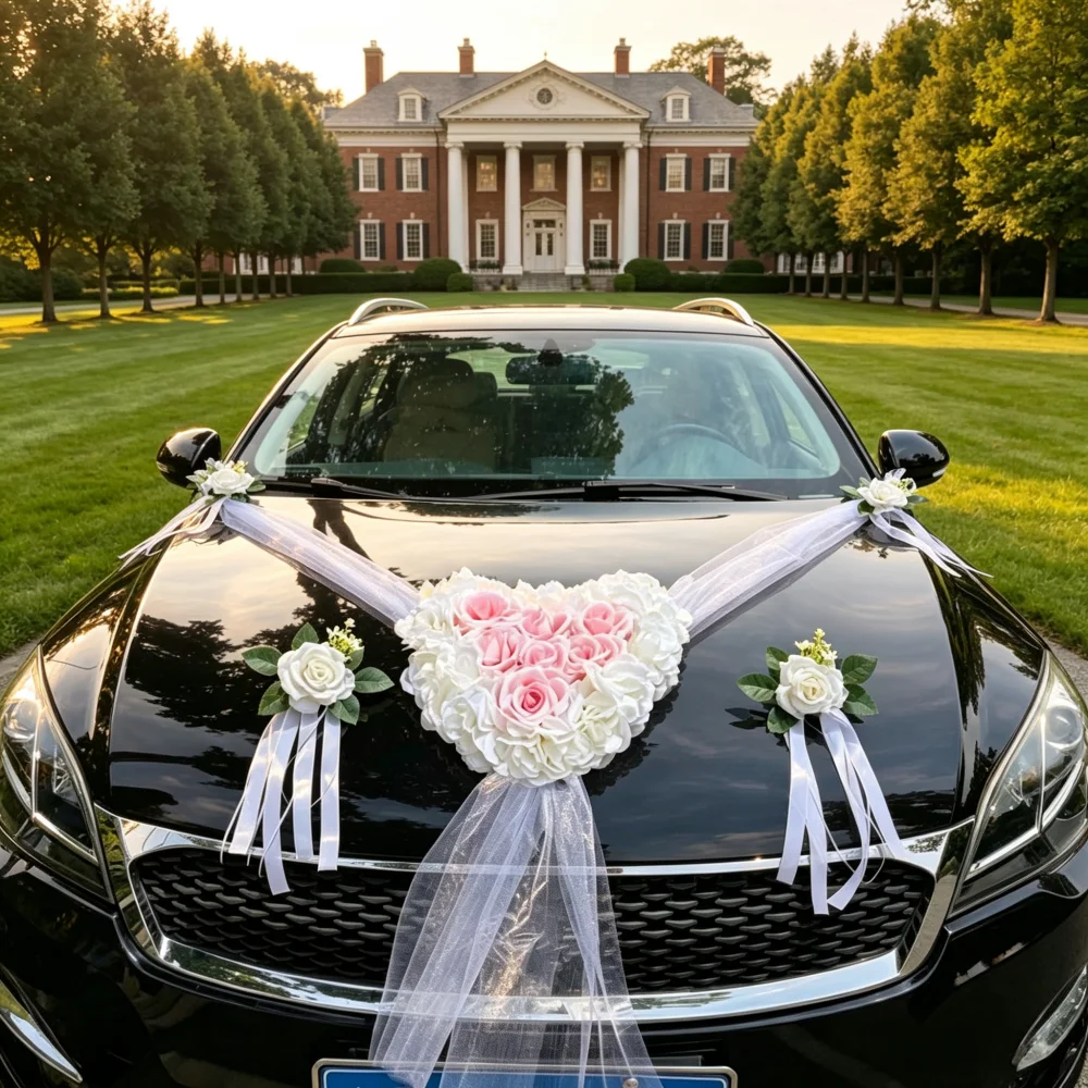Elegant Heart-Shaped Wedding Car Floral Decoration Set with Faux Hydrangea Roses and Organza Ribbon